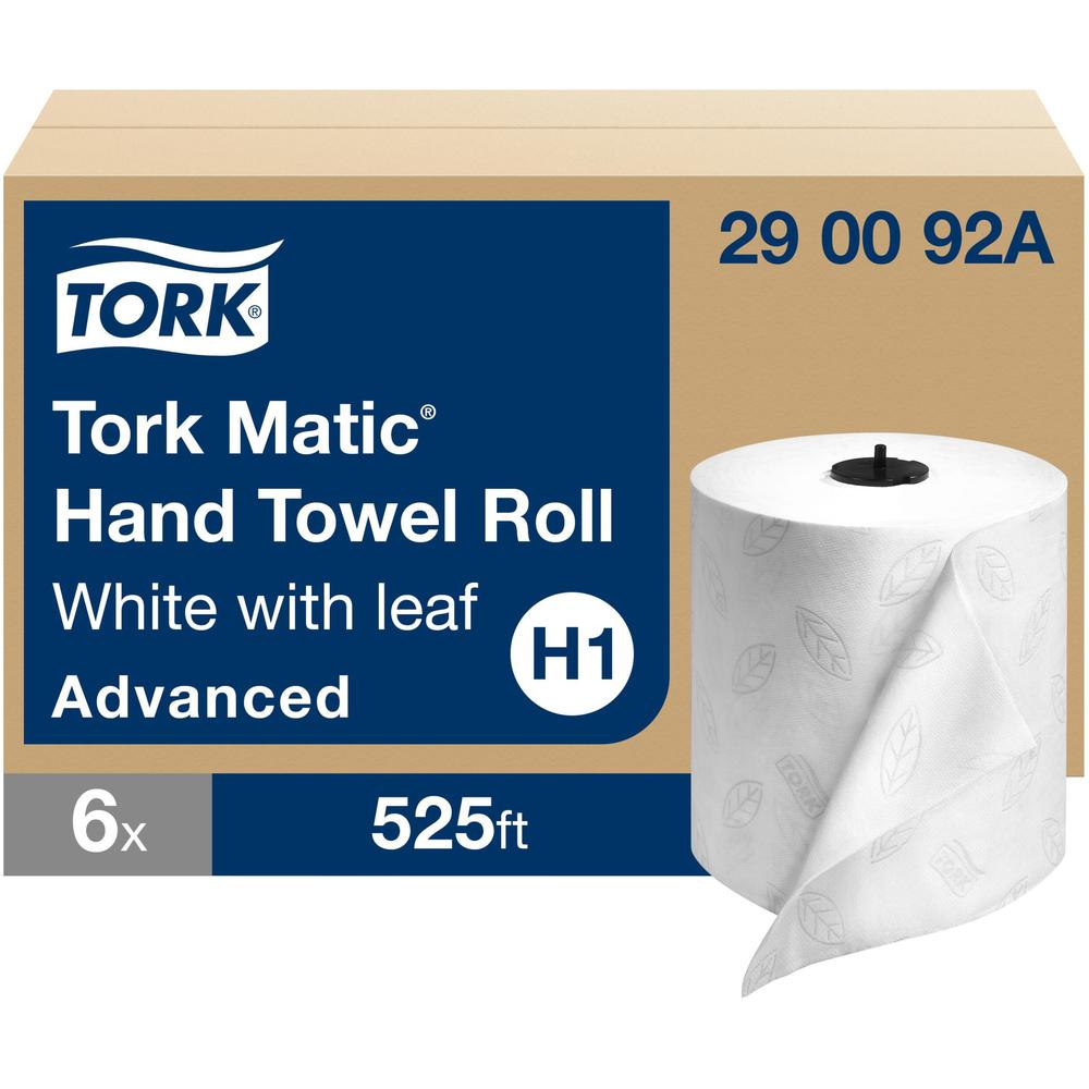 TORK Hand Roll Towel - Tork Matic Hand Towel Roll, White With Gray Leaf, Advanced, H1, 100% Recycled Fiber, High Absorbency, Medium Capacity, 2-Ply, 6 Rolls x 525 ft, 290092A. Picture 1