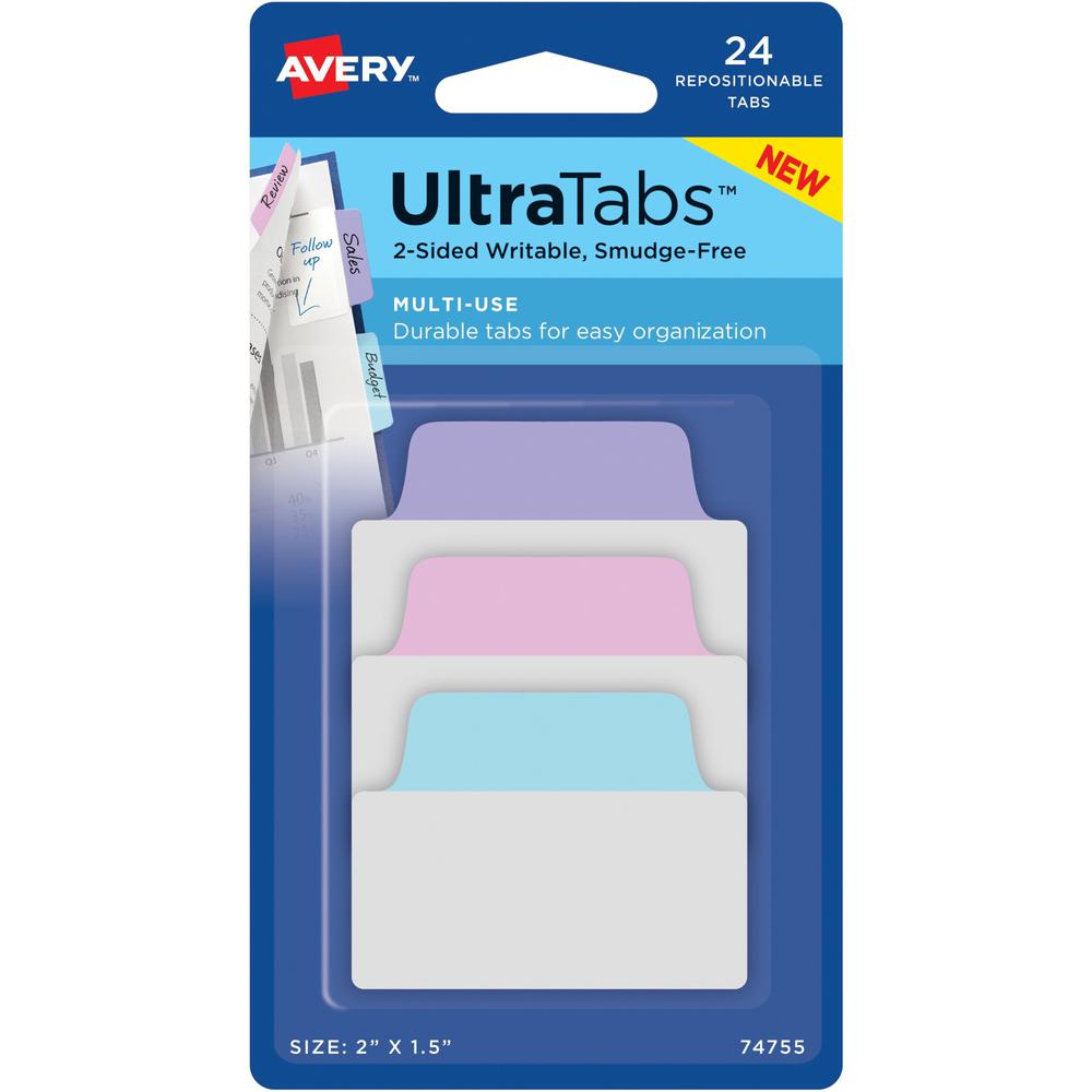 Avery&reg; Ultra Tabs File Tab - 24 Tab(s) - 1.50" Tab Height x 2" Tab Width - Clear Film, Pastel Blue Paper, Pastel Pink, Pastel Purple Tab(s) - 24 / Pack. The main picture.