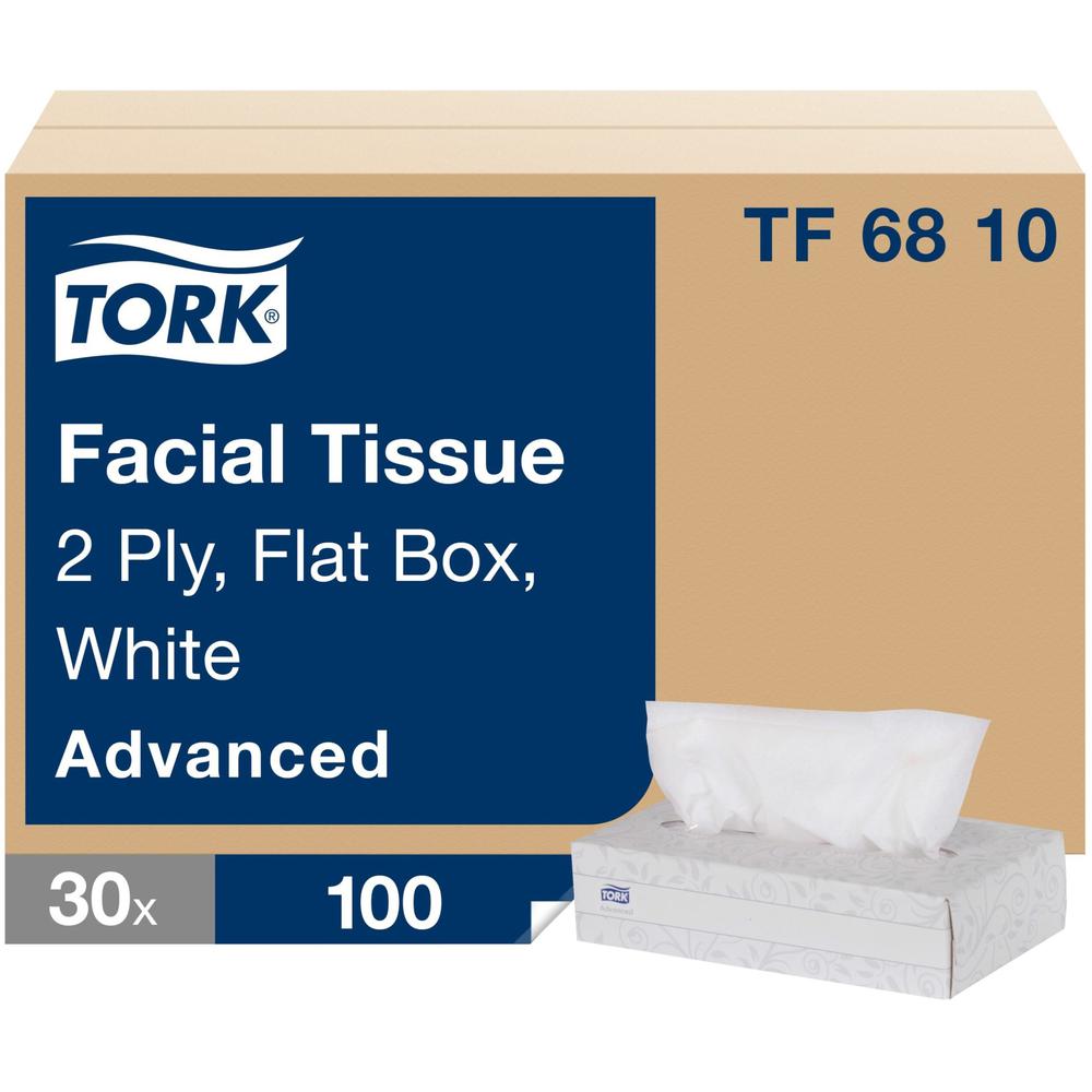 Tork Advanced Facial Tissue Flat Box - Tork Advanced Facial Tissue Flat Box White, Soft, 2-ply, 30 x 100 tissues, TF6810. Picture 1