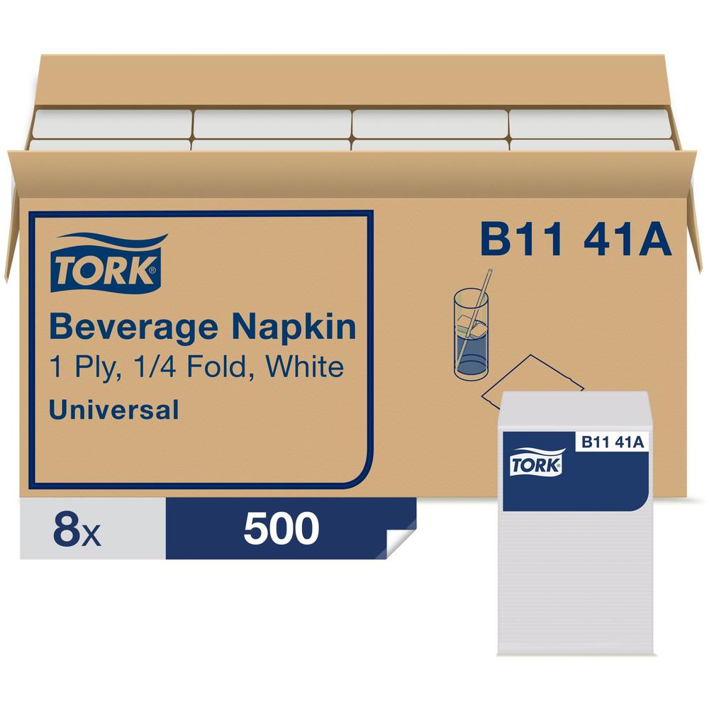 Tork White Beverage Napkin, 1/4 Fold 1-ply, 9.4" x 9.4" , 8 x 500 napkins, B1141A - Tork White Beverage Napkin, 1/4 Fold 1-ply, 9.4" x 9.4" , 8 x 500 napkins, B1141A. Picture 1