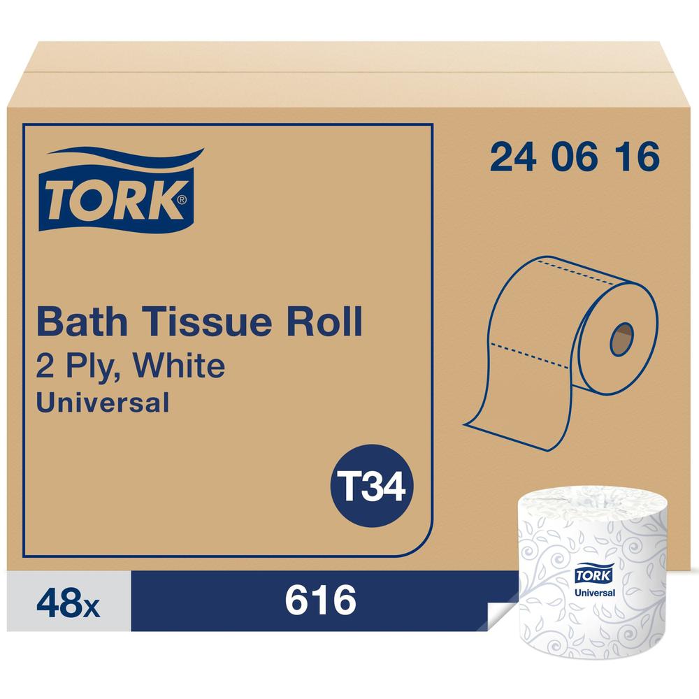 Tork Universal Bath Tissue Roll - 2 Ply - 3.75" x 205.33 ft - 616 Sheets/Roll - 5" Roll Diameter - White - Fiber - Embossed, Soft, Absorbent - For Bathroom, Plumbing - 616 / Roll. Picture 1