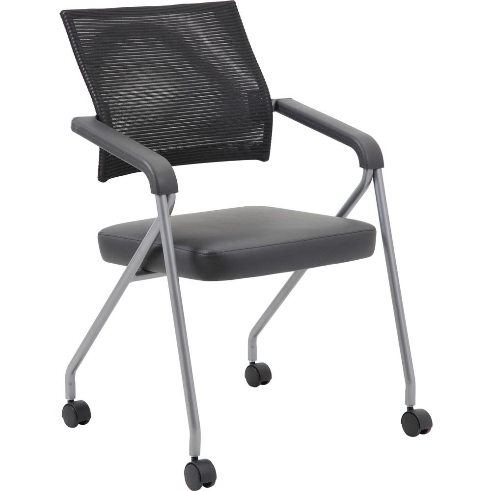 Boss Caressoft Plus Training Chair - Black Vinyl Seat - Black Mesh Back - Pewter Frame - Four-legged Base - Armrest - 2 / Carton. Picture 1