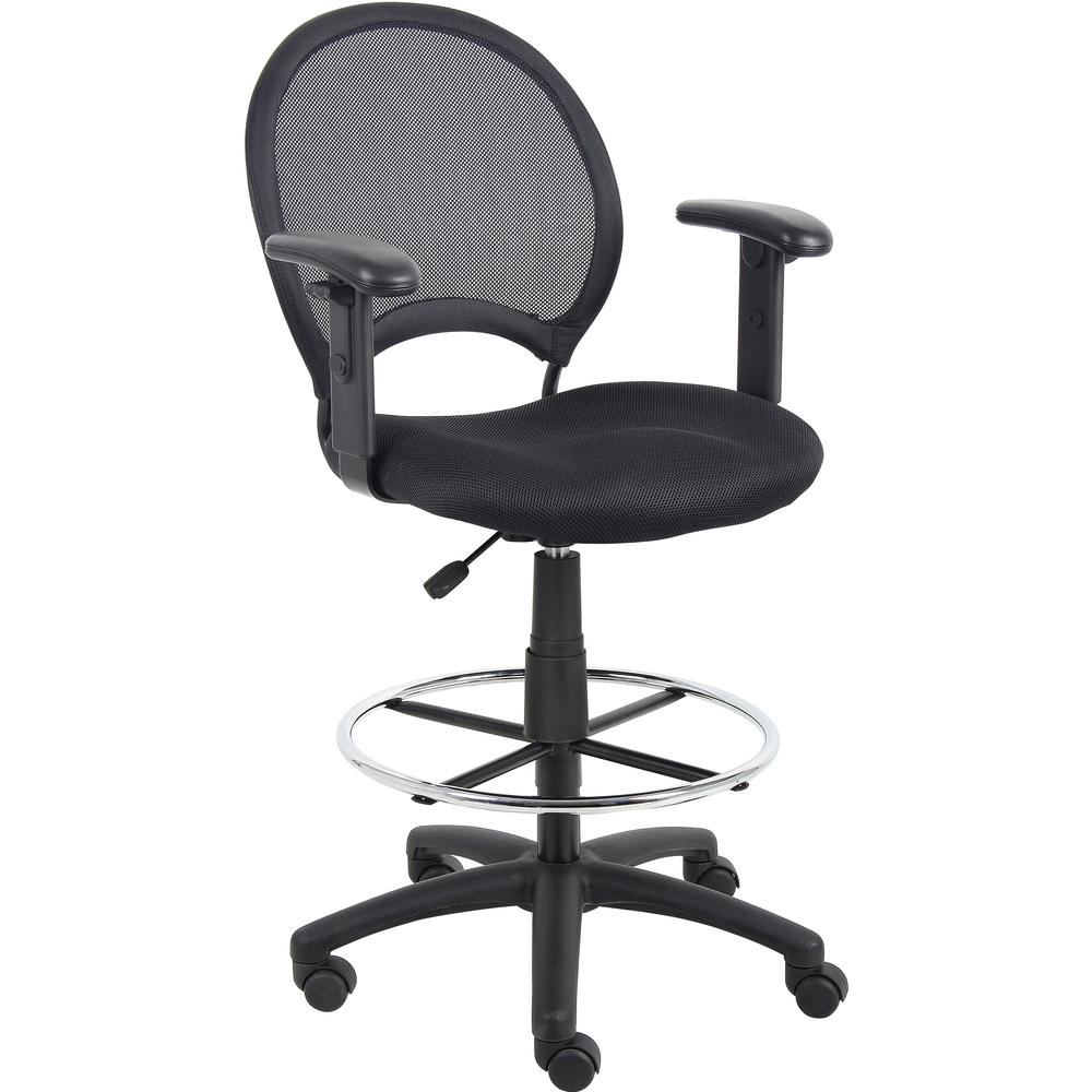 Boss B16216 Drafting Chair - Black Mesh Seat - Black Ballistic Nylon, Metal Back - Black, Chrome Nylon Frame - 5-star Base - 1 Each. Picture 1