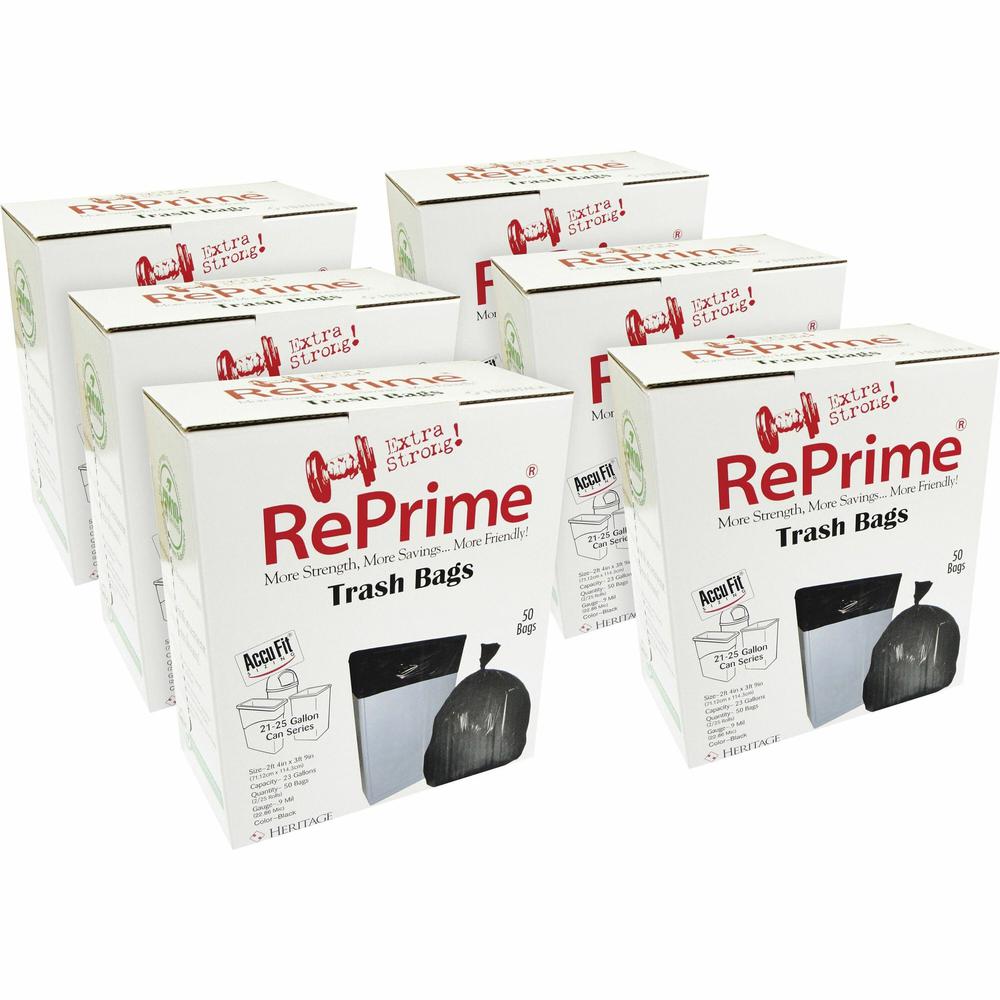 Heritage Accufit RePrime Trash Bags - 23 gal Capacity - 28" Width x 45" Length - 0.90 mil (23 Micron) Thickness - Low Density - Black - Linear Low-Density Polyethylene (LLDPE) - 6/Carton - 50 Per Box . Picture 1
