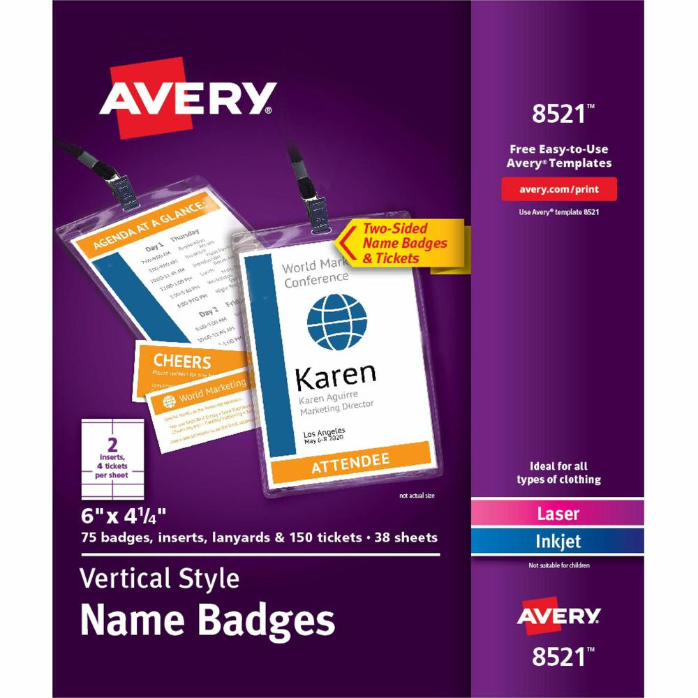 Avery&reg; Vertical Name Badges with Tickets Kit for Laser and Inkjet Printers, 4-1/4" x 6" - PVC Plastic - White - 1 / Box. Picture 1