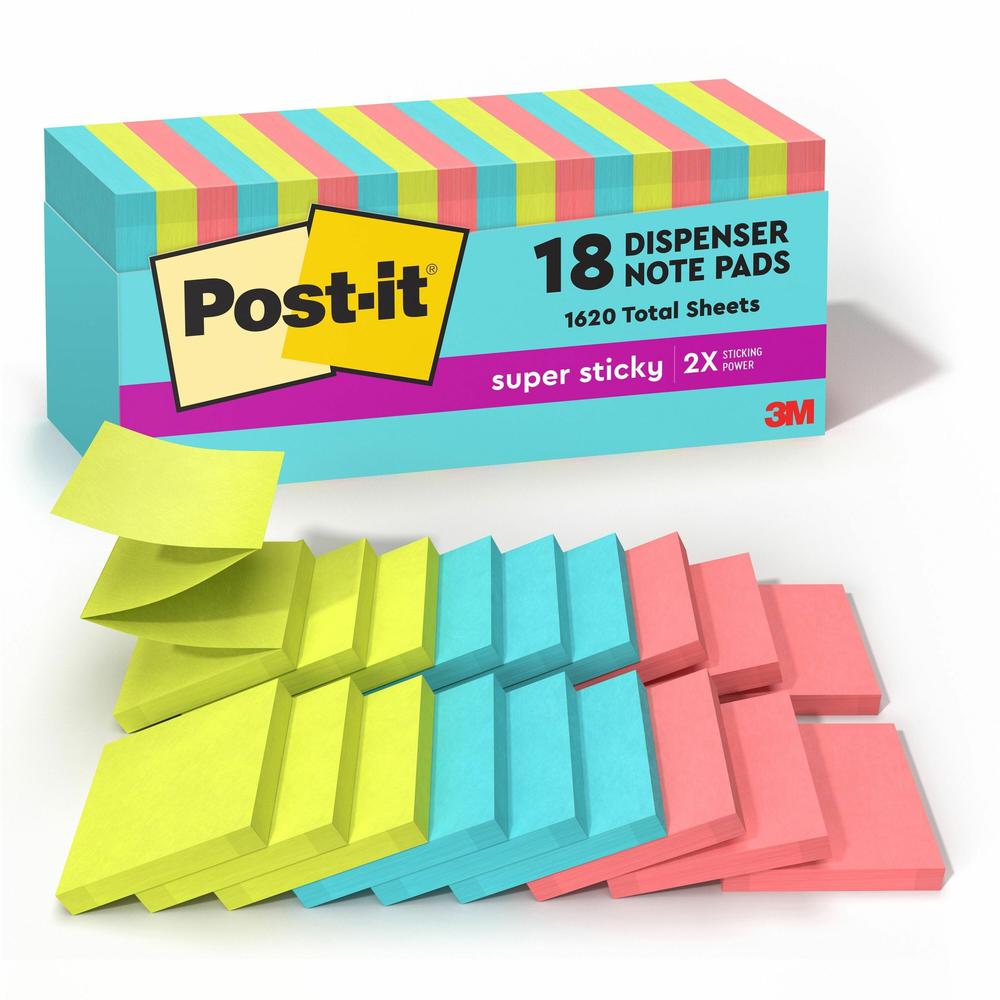 Post-it&reg; Super Sticky Dispenser Notes - Supernova Neons Color Collection - 3" x 3" - Square - 90 Sheets per Pad - Aqua Splash, Acid Lime, Guava - Paper - Super Sticky, Adhesive, Recyclable, Pop-up. Picture 1