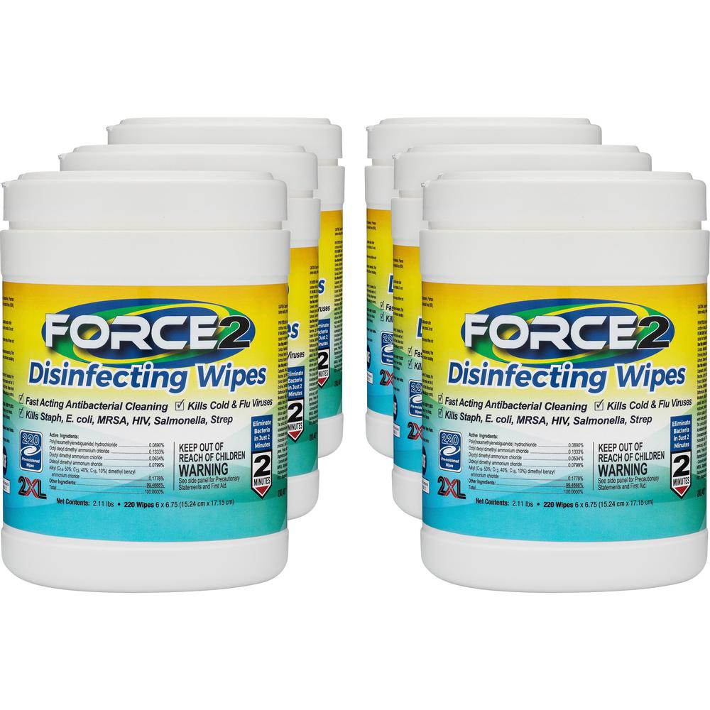 2XL FORCE2 Disinfecting Wipes - 6.75" Length x 6" Width - 220 / Tub - 6 / Carton - Fast Acting, Non-toxic, Non-irritating, Pre-moistened, Alcohol-free, Phenol-free, Bleach-free, Ammonia-free - White. Picture 1