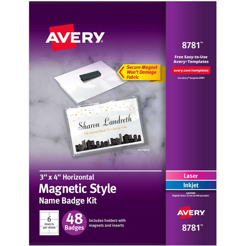 Avery&reg; Name Badge - 5 / Carton - Rectangular Shape - Non-adhesive, Non-toxic, Durable, Magnetic, Heavy Duty, Printable, Micro Perforated, Recyclable - PVC Plastic - White. Picture 1