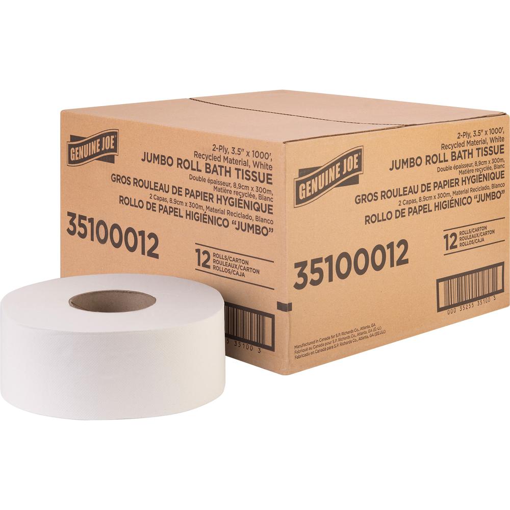 Genuine Joe Jumbo Jr Dispenser Bath Tissue Roll - 2 Ply - 3.50" x 1000 ft - 8.88" Roll Diameter - White - Fiber - 12 / Carton. Picture 1