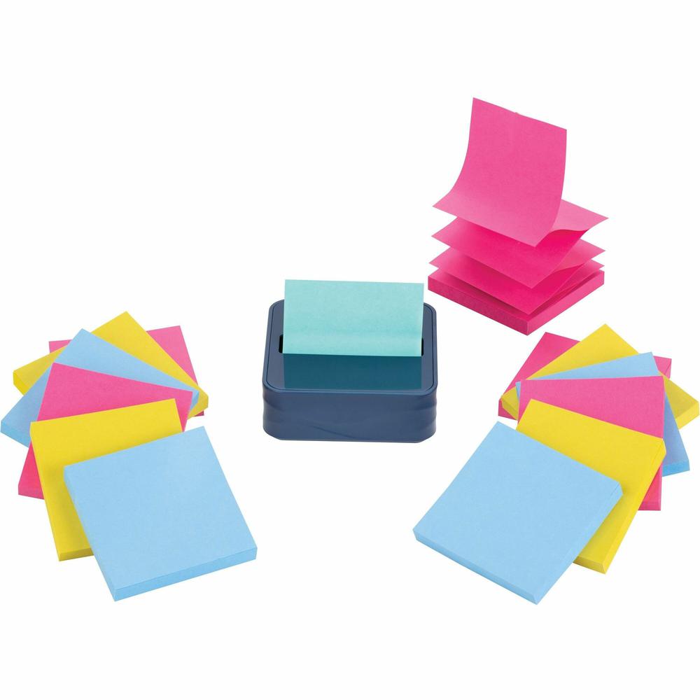 Post-it&reg; Notes Dispenser and Dispenser Notes - 3" x 3" Note - 90 Sheet Note Capacity - Washed Denim, Citron Yellow, Power Pink. Picture 1