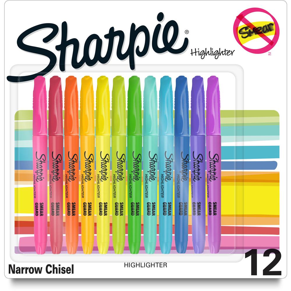 Sharpie Accent Highlighters w/Smear Guard - Chisel Marker Point Style - Assorted Dry Ink - 12 / Pack. Picture 1