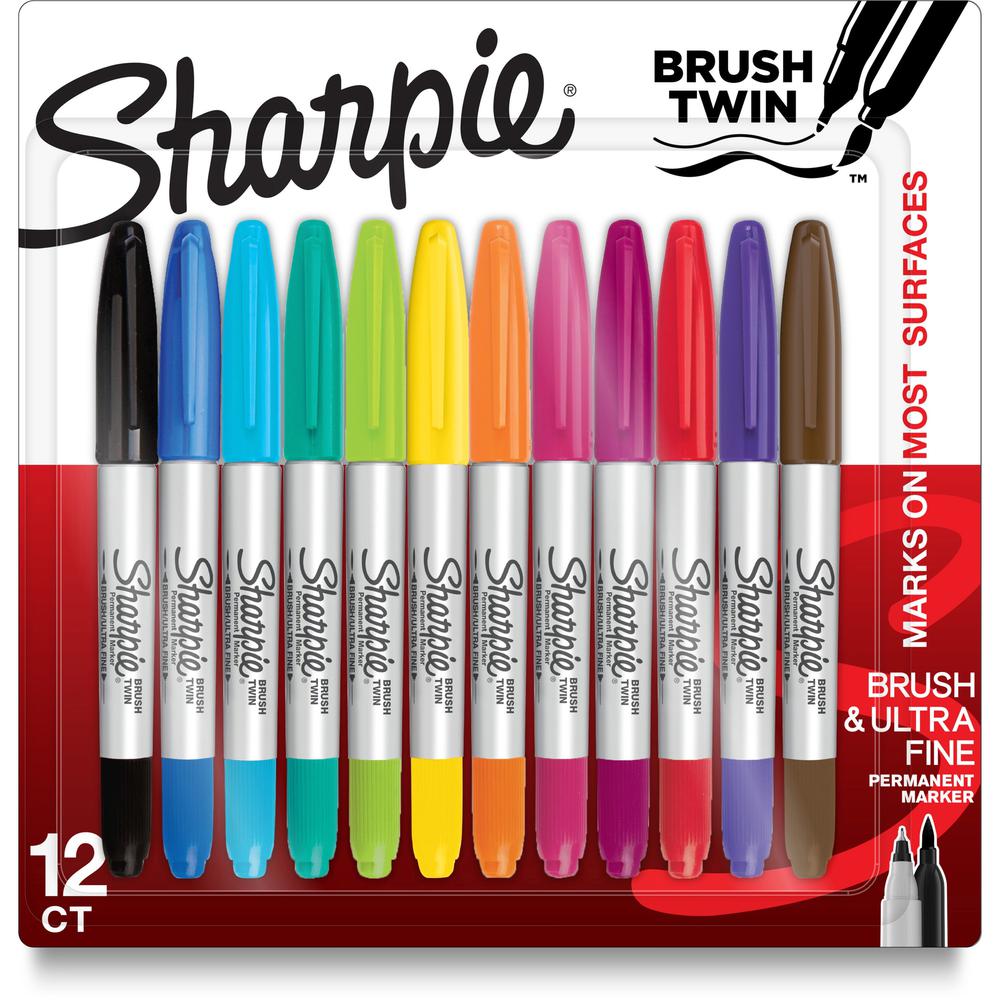 Sanford Brush Twin Permanent Markers - Ultra Fine Marker Point - Brush Marker Point Style - Assorted - 12 / Pack. Picture 1