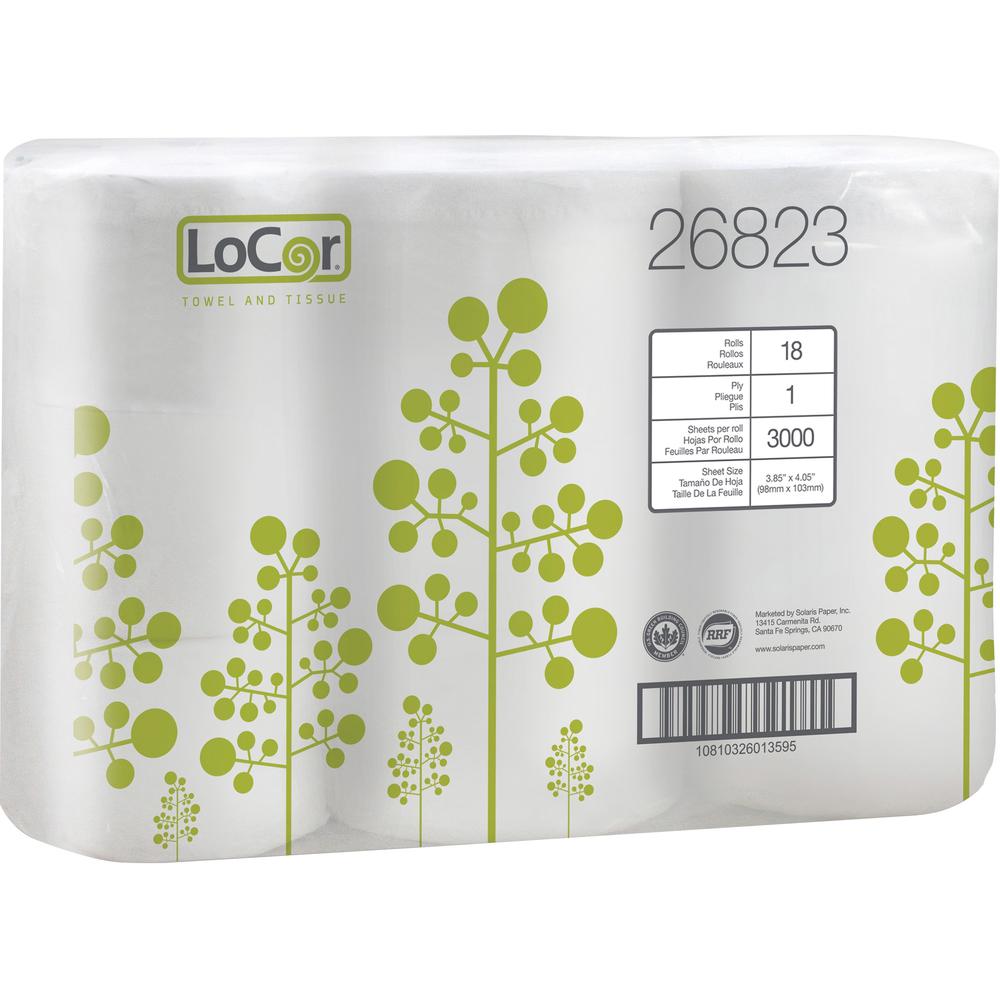 LoCor High-Capacity Bath Tissue - 1 Ply - 3.85" x 4.05" - 3000 Sheets/Roll - White - 18 Rolls Per Container - 6 / Box. Picture 1