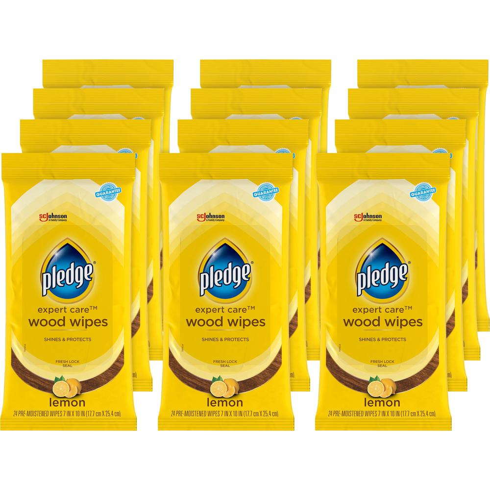 Pledge Lemon Enhancing Polish Wipes - Wipe - Lemon Scent - 7" Width x 10" Length - 24 / Pack - 12 / Carton - Yellow. Picture 1
