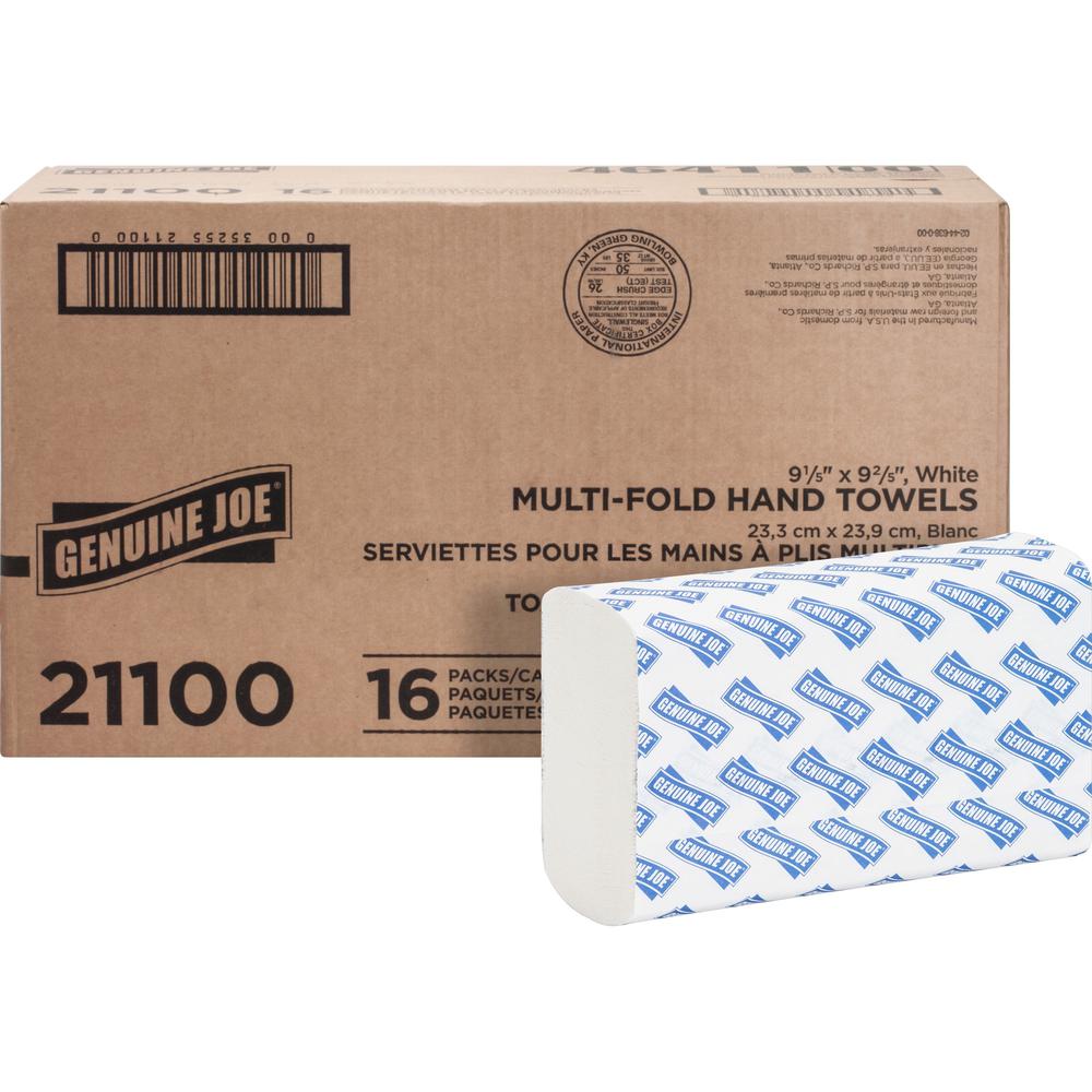 Genuine Joe Multifold Towels - 1 Ply - Multifold - 9.20" x 9.40" - White - Fiber - 250 Per Bundle - 960 / Pallet. Picture 1