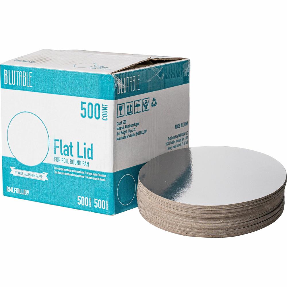 BluTable 9" Round Foil Pan Flat Board Lids - Round - 500 / Carton - White, Silver. Picture 1