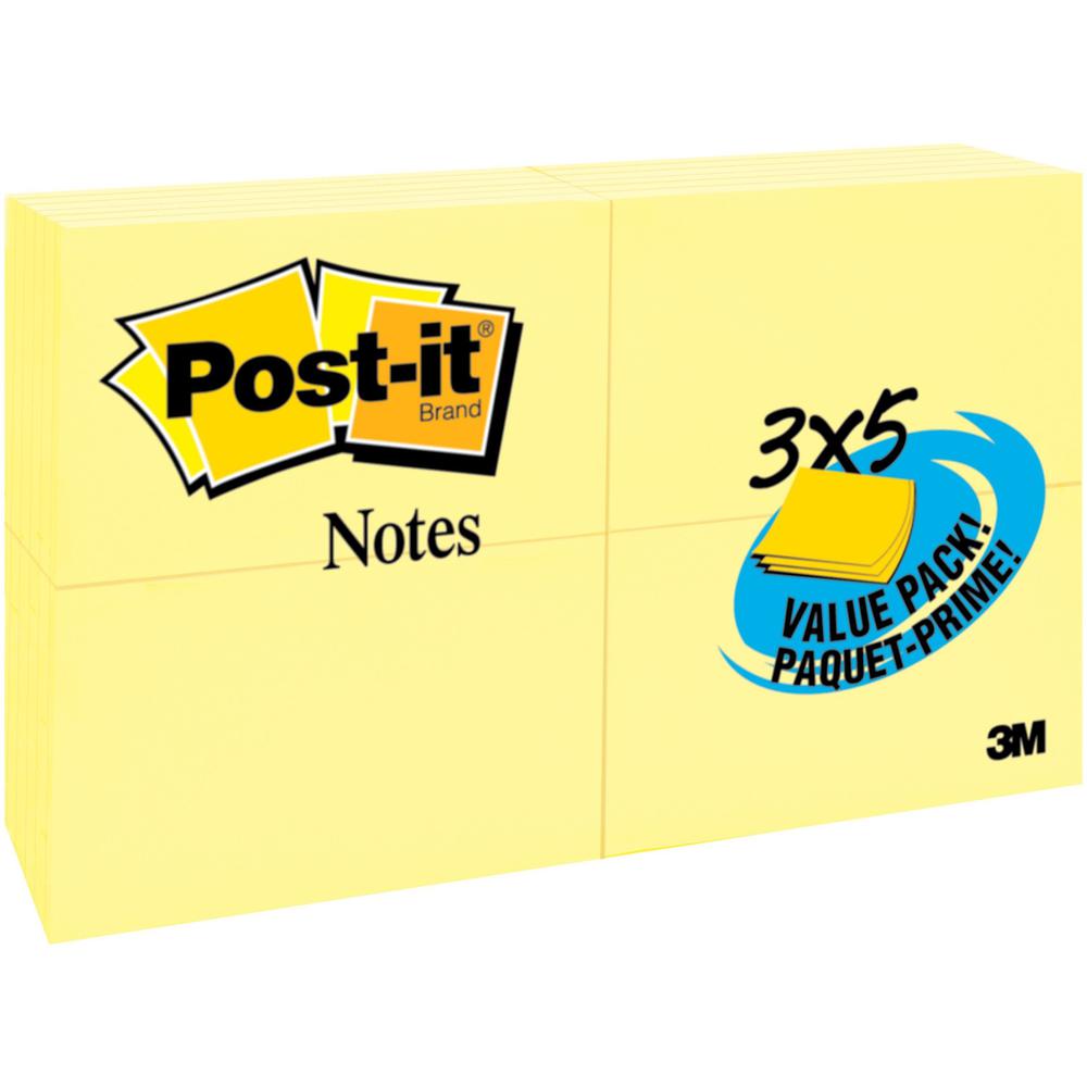 Post-it&reg; Notes Value Pack - 100 - 3" x 5" - Rectangle - Unruled - Canary - Self-adhesive - 5 / Pack. Picture 1