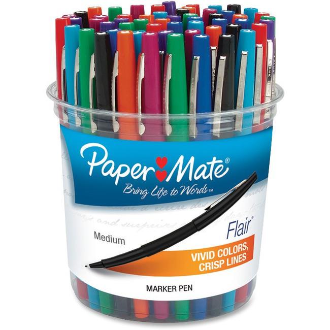 Paper Mate Flair - Medium Pen Point - Black, Purple, Blue, Red, Green, Orange, Magenta, Turquoise, Lime Water Based Ink - 48 / Canister. Picture 1