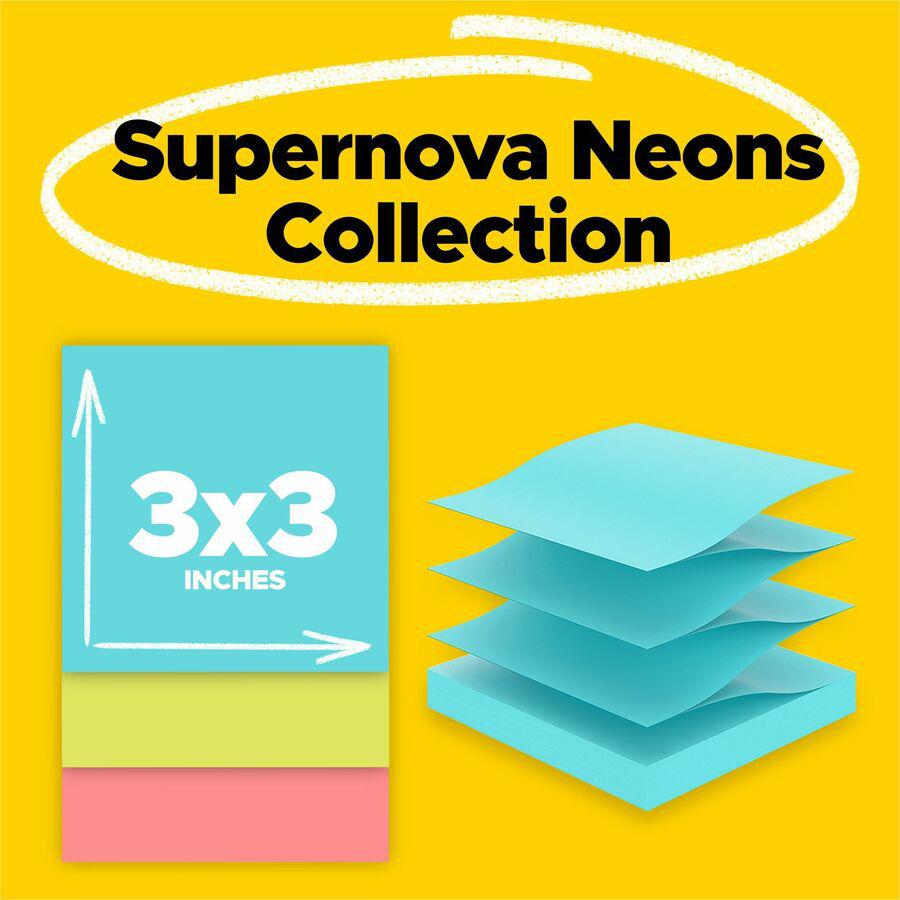 Post-it&reg; Super Sticky Dispenser Notes - Supernova Neons Color Collection - 3" x 3" - Square - 90 Sheets per Pad - Aqua Splash, Acid Lime, Guava - Paper - Super Sticky, Adhesive, Recyclable, Pop-up. Picture 9
