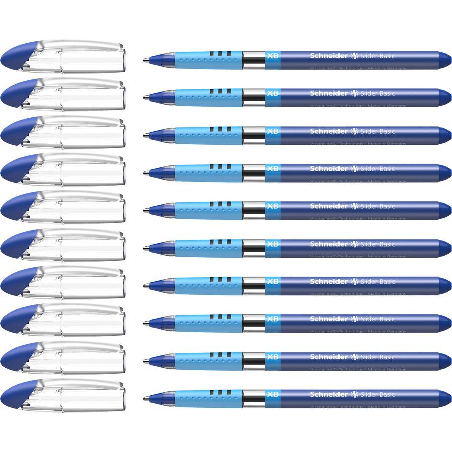 Schneider Slider Basic XB Ballpoint Pen - Extra Broad Pen Point - 1.4 mm Pen Point Size - Blue - Blue Rubberized, Transparent, Silver Barrel - Stainless Steel Tip - 10 / Pack. Picture 3