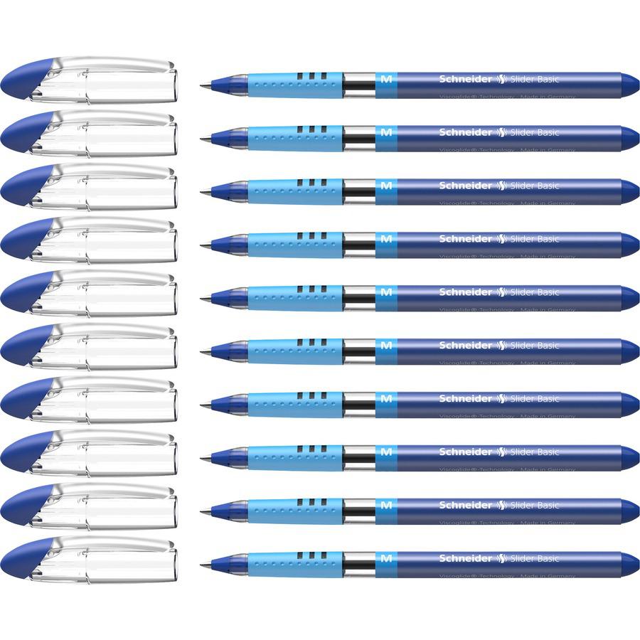 Schneider Slider Basic Medium Ballpoint Pen - Medium Pen Point - 1 mm Pen Point Size - Blue - Transparent Rubberized, Blue Barrel - Stainless Steel Tip - 10 / Pack. Picture 7