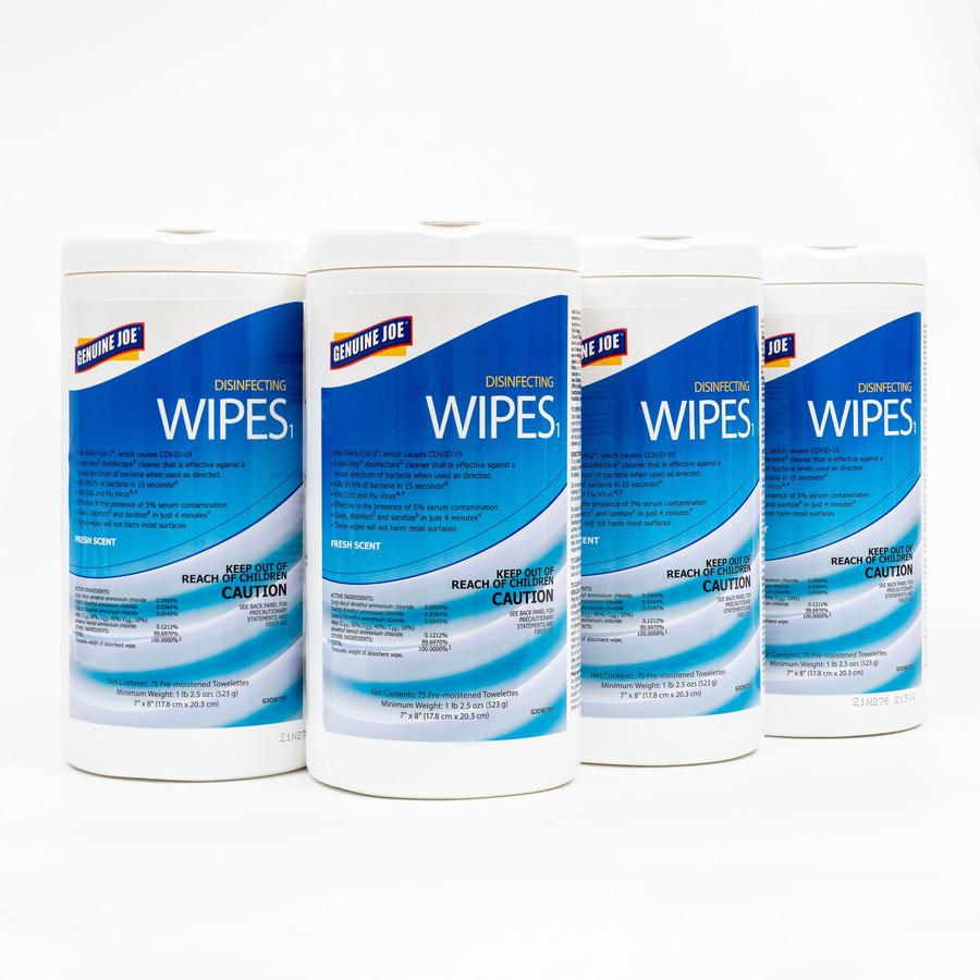 Genuine Joe Disinfecting Wipes - Ready-To-Use Towel - Fresh Citrus Scent - 7" Width x 8" Length - 75 / Tub - 6 / Carton - White. Picture 6