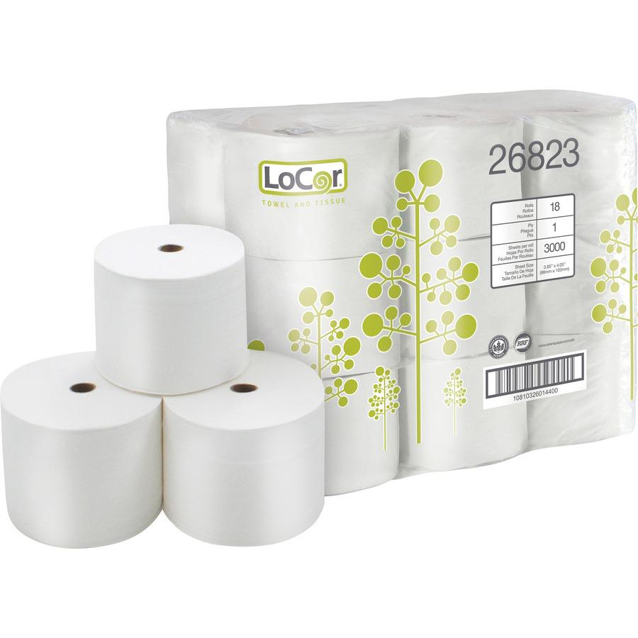 LoCor High-Capacity Bath Tissue - 1 Ply - 3.85" x 4.05" - 3000 Sheets/Roll - White - 18 Rolls Per Container - 6 / Box. Picture 2