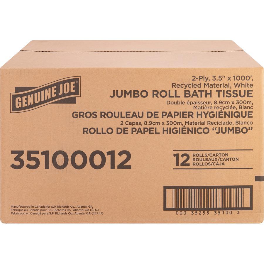Genuine Joe Jumbo Jr Dispenser Bath Tissue Roll - 2 Ply - 3.50" x 1000 ft - 8.88" Roll Diameter - White - Fiber - 12 / Carton. Picture 5