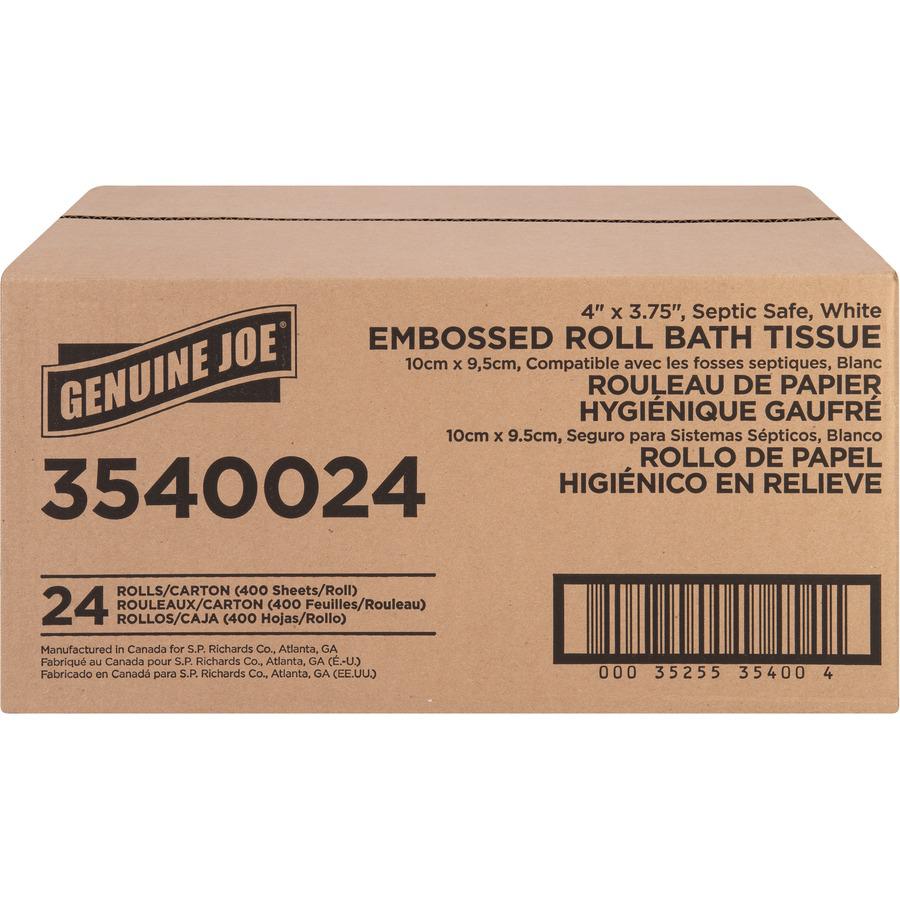 Genuine Joe 2-ply Bath Tissue Rolls - 2 Ply - 4" x 3.75" - 400 Sheets/Roll - White - 24 / Carton. Picture 3