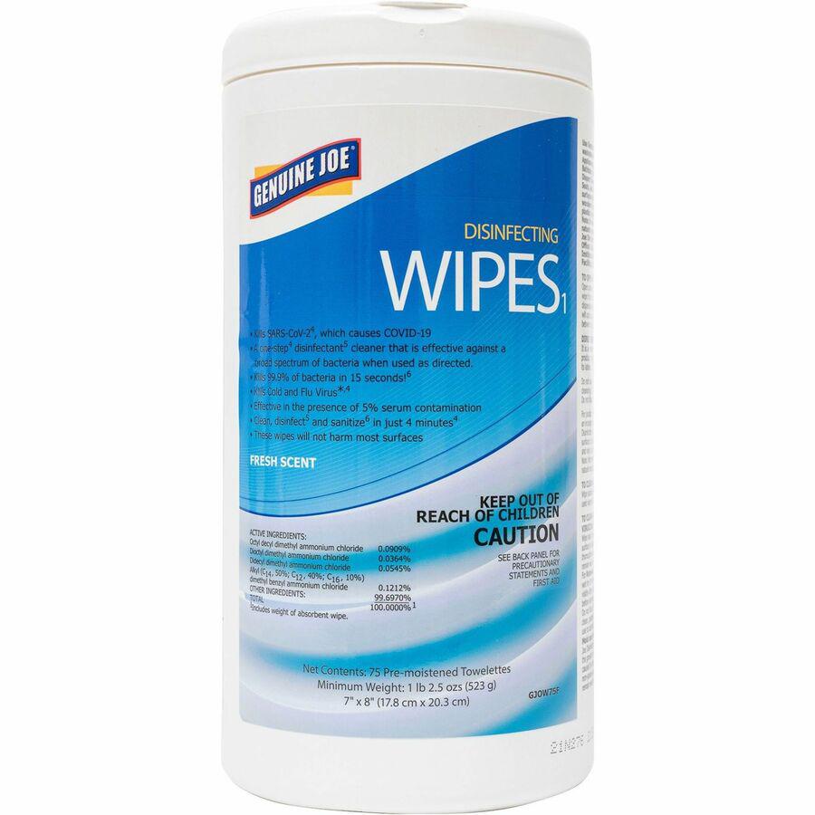 Genuine Joe Disinfecting Wipes - Ready-To-Use Towel - Fresh Citrus Scent - 7" Width x 8" Length - 75 / Tub - 6 / Carton - White. Picture 5