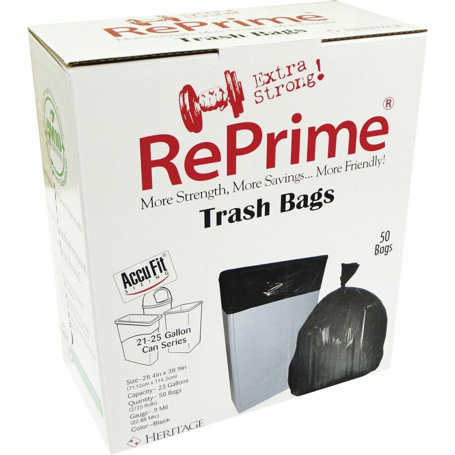 Heritage Accufit RePrime Trash Bags - 23 gal Capacity - 28" Width x 45" Length - 0.90 mil (23 Micron) Thickness - Low Density - Black - Linear Low-Density Polyethylene (LLDPE) - 6/Carton - 50 Per Box . Picture 2