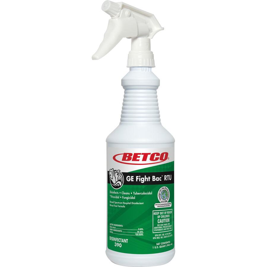 Betco Fight Bac RTU Disinfectant - Ready-To-Use - 32 fl oz (1 quart) - Fresh Scent - 12 / Carton - Rinse-free, Non-irritating - Clear. Picture 2