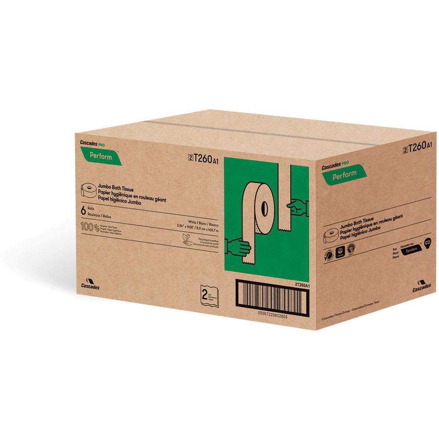 Cascades PRO Select&trade; Jumbo Bathroom Tissue for Tandem&reg; - 2 Ply - 3.54" x 1400 ft - White - 6 Rolls Per Container - 6 / Carton. Picture 2