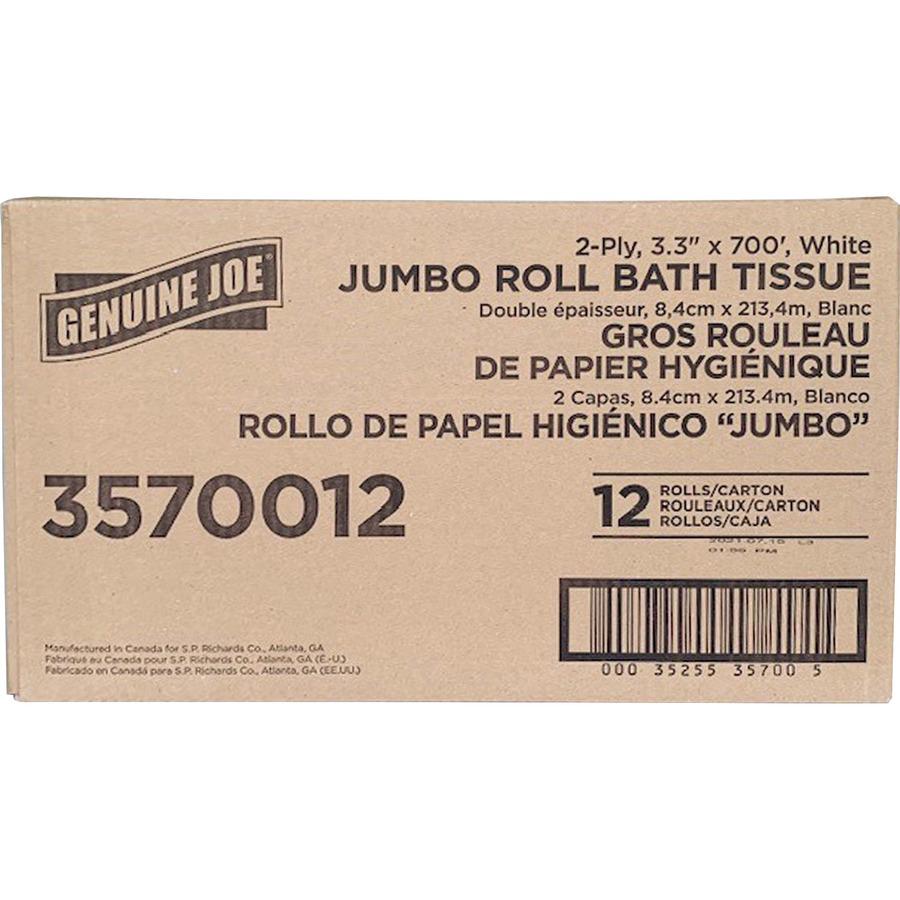 Genuine Joe Jumbo Jr Dispenser Bath Tissue Roll - 2 Ply - 3.30" x 700 ft - 8.88" Roll Diameter - White - Fiber - 12 / Carton. Picture 7