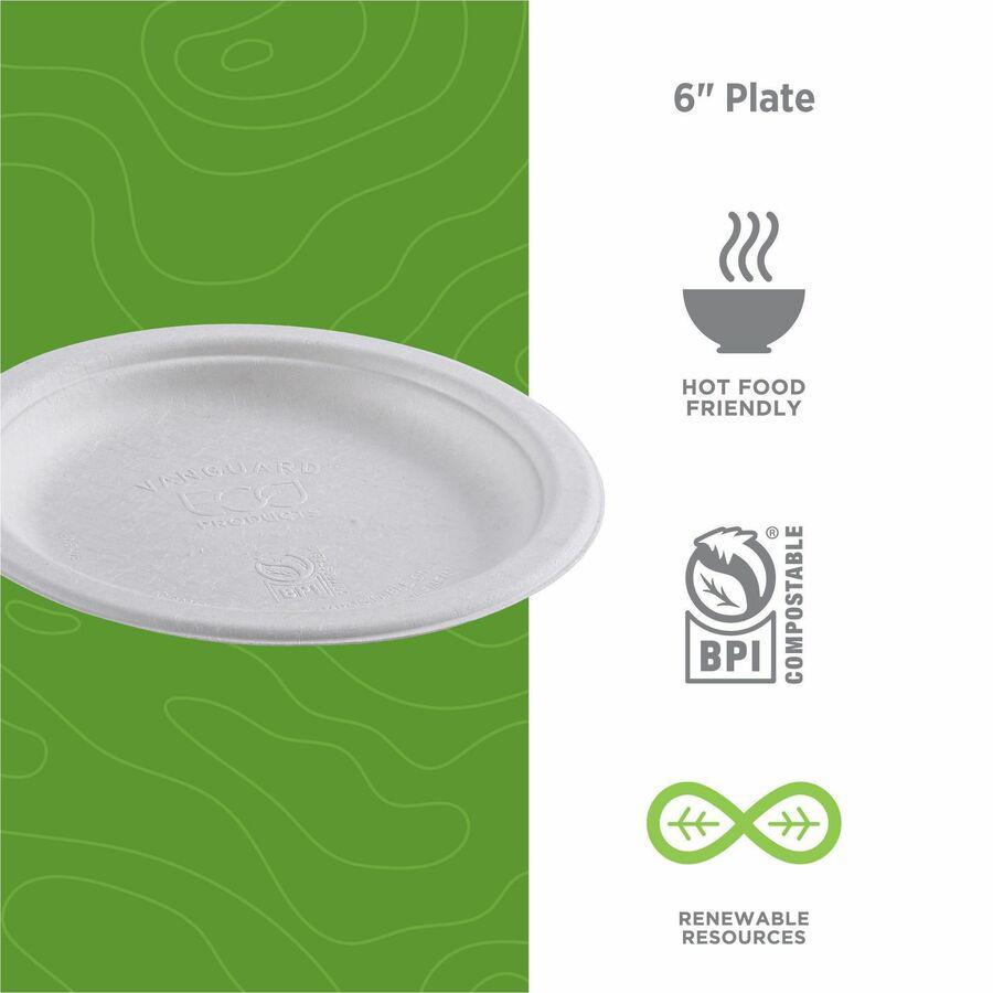 Eco-Products Vanguard 6" Sugarcane Plates - Breakroom - Disposable - Microwave Safe - 6" Diameter - White - Sugarcane Fiber Body - 1000 / Carton. Picture 4