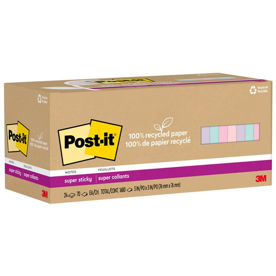 Post-it&reg; Recycled Super Sticky Notes - 70 - 3" x 3" - Square - 70 Sheets per Pad - Wanderlust Pastels - Adhesive - 24 / Pack - Recycled. Picture 3