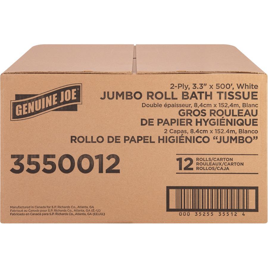 Genuine Joe Jumbo Jr Dispenser Bath Tissue Roll - 2 Ply - 3.30" x 500 ft - 8.88" Roll Diameter - White - Fiber - Sewer-safe, Septic Safe - For Bathroom - 12 / Carton. Picture 7