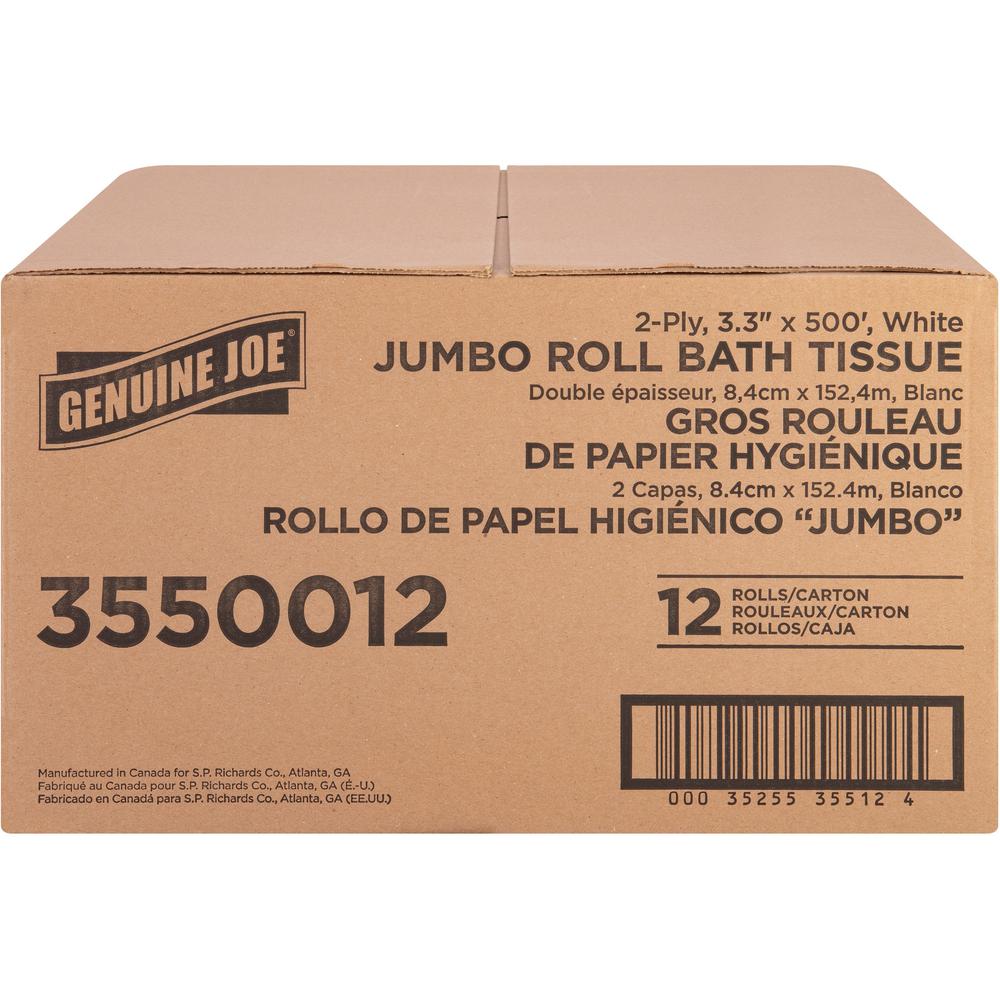 Genuine Joe Jumbo Jr Dispenser Bath Tissue Roll - 2 Ply - 3.30" x 500 ft - 8.88" Roll Diameter - White - Fiber - Sewer-safe, Septic Safe - For Bathroom - 12 / Carton. Picture 11