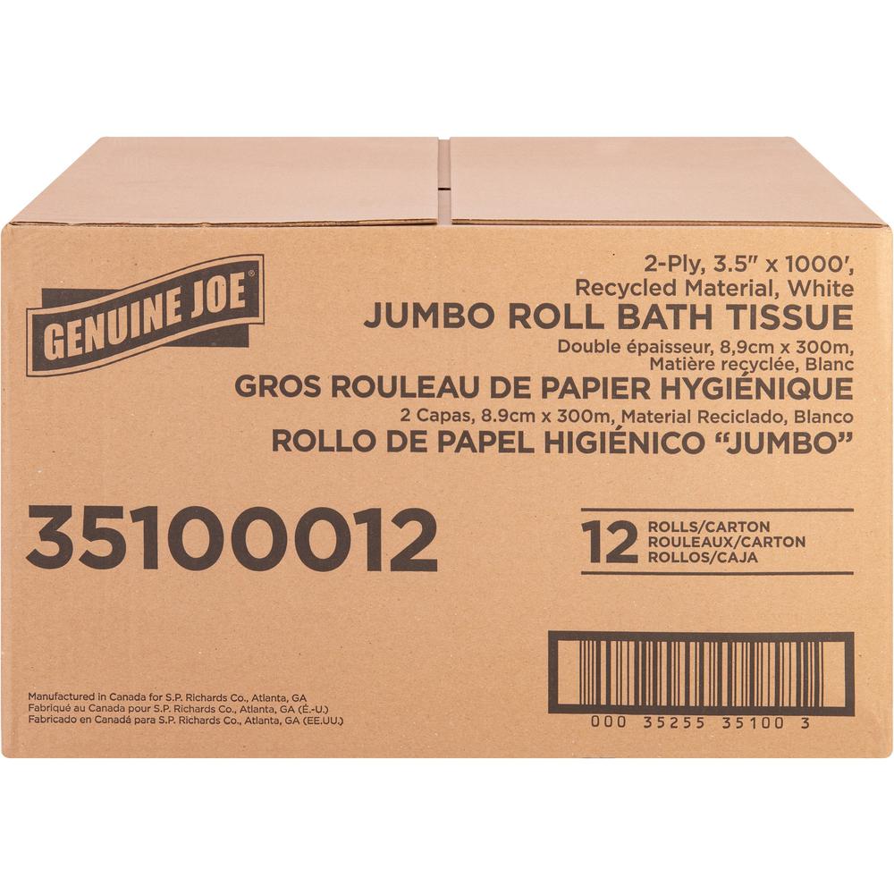 Genuine Joe Jumbo Jr Dispenser Bath Tissue Roll - 2 Ply - 3.50" x 1000 ft - 8.88" Roll Diameter - White - Fiber - 12 / Carton. Picture 3
