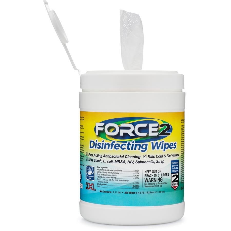 2XL FORCE2 Disinfecting Wipes - 6.75" Length x 6" Width - 220 / Tub - 6 / Carton - Fast Acting, Non-toxic, Non-irritating, Pre-moistened, Alcohol-free, Phenol-free, Bleach-free, Ammonia-free - White. Picture 2