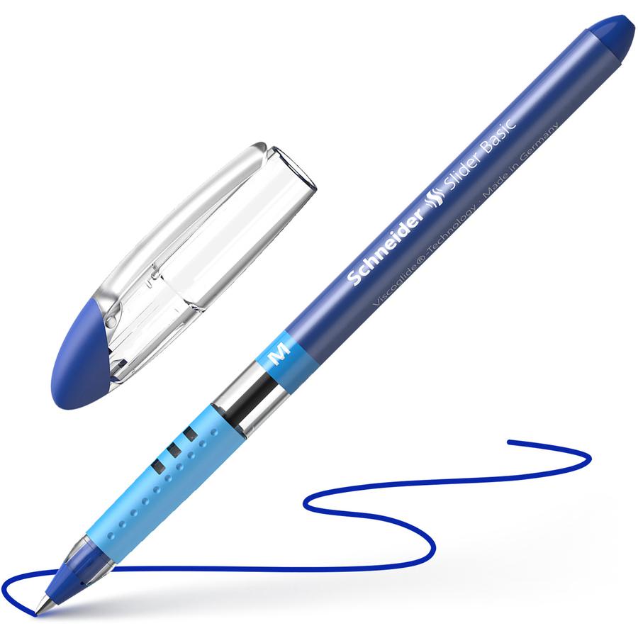 Schneider Slider Basic Medium Ballpoint Pen - Medium Pen Point - 1 mm Pen Point Size - Blue - Transparent Rubberized, Blue Barrel - Stainless Steel Tip - 10 / Pack. Picture 2
