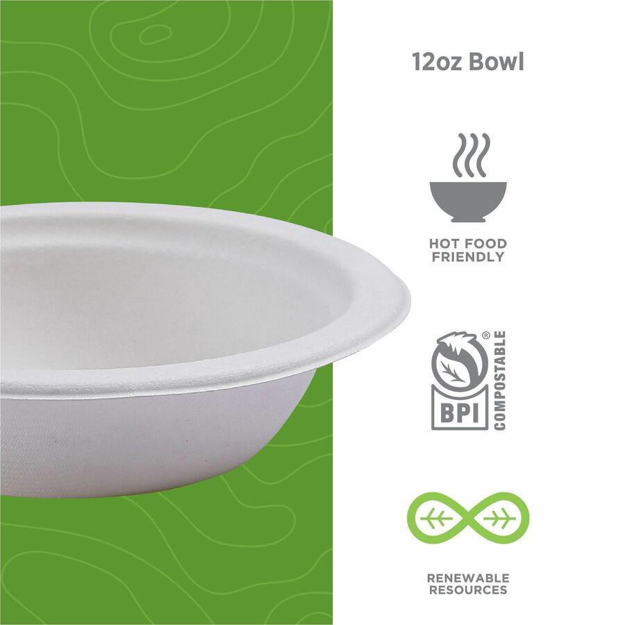 Eco-Products Vanguard 12 oz Sugarcane Bowls - Breakroom - Disposable - Microwave Safe - White - Sugarcane Fiber Body - 1000 / Carton. Picture 2
