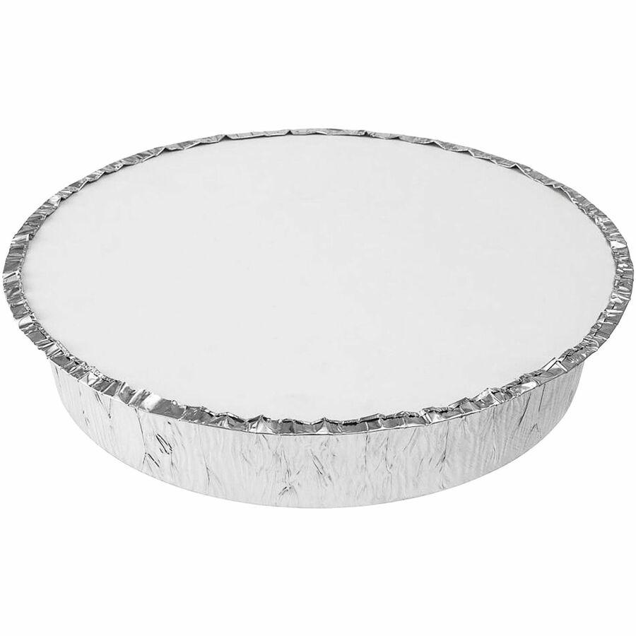 BluTable 9" Round Foil Pan Flat Board Lids - Round - 500 / Carton - White, Silver. Picture 2