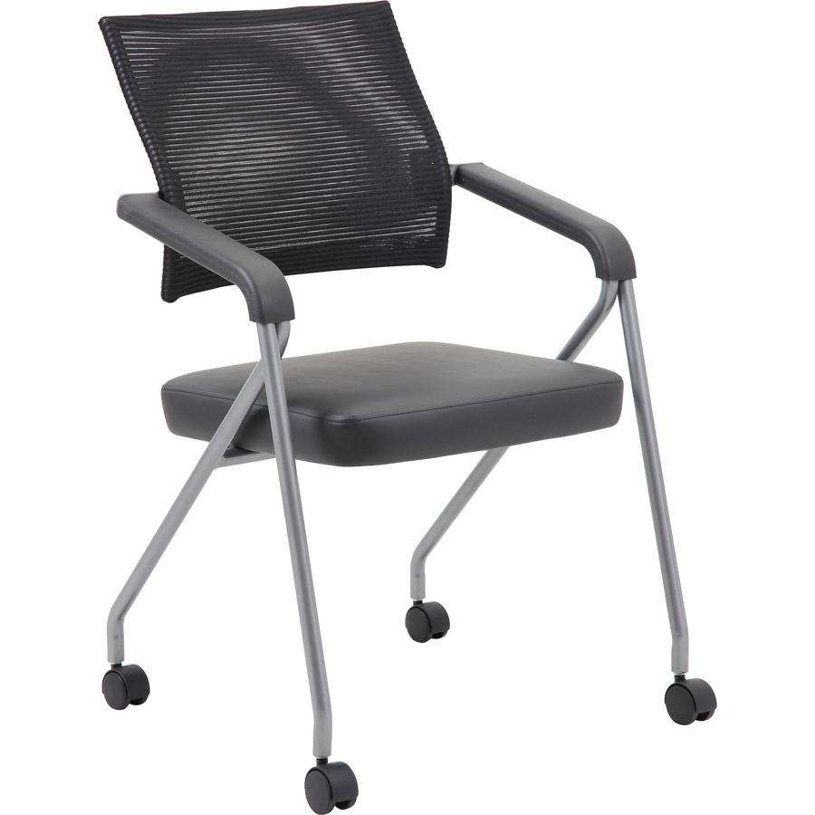 Boss Caressoft Plus Training Chair - Black Vinyl Seat - Black Mesh Back - Pewter Frame - Four-legged Base - Armrest - 2 / Carton. Picture 12