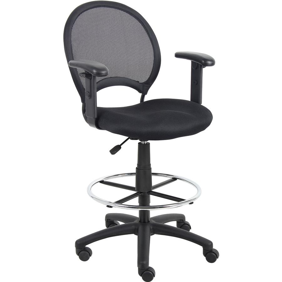 Boss B16216 Drafting Chair - Black Mesh Seat - Black Ballistic Nylon, Metal Back - Black, Chrome Nylon Frame - 5-star Base - 1 Each. Picture 9