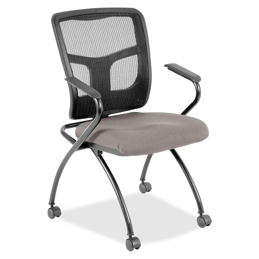 Lorell Mesh Back Nesting Training/Guest Chairs - Castillo Metal Antimicrobial Vinyl Seat - Black Mesh Back - Gray Powder Coated Metal Frame - Four-legged Base - Armrest - 2 / Carton. Picture 3