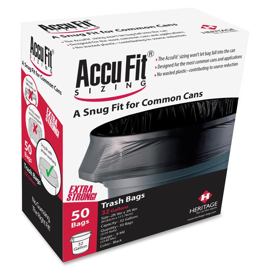 Heritage Accufit Reprime 32 Gallon Can Liners - 32 gal Capacity - 33" Width x 44" Length - 0.90 mil (23 Micron) Thickness - Low Density - Black - Linear Low-Density Polyethylene (LLDPE) - 6/Carton - 5. Picture 2