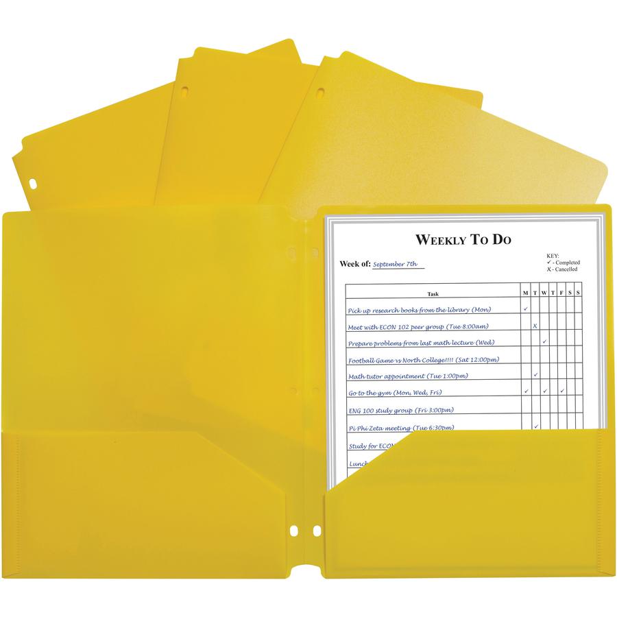 C-Line 2-pocket Heavyweight Poly Portfolio Pocket - 11.4" Length - 100 mil Thickness - For Letter 8 1/2" x 11" Sheet - 3 x Holes - Ring Binder - Rectangular - Yellow - Polypropylene - 25 / Box. Picture 2