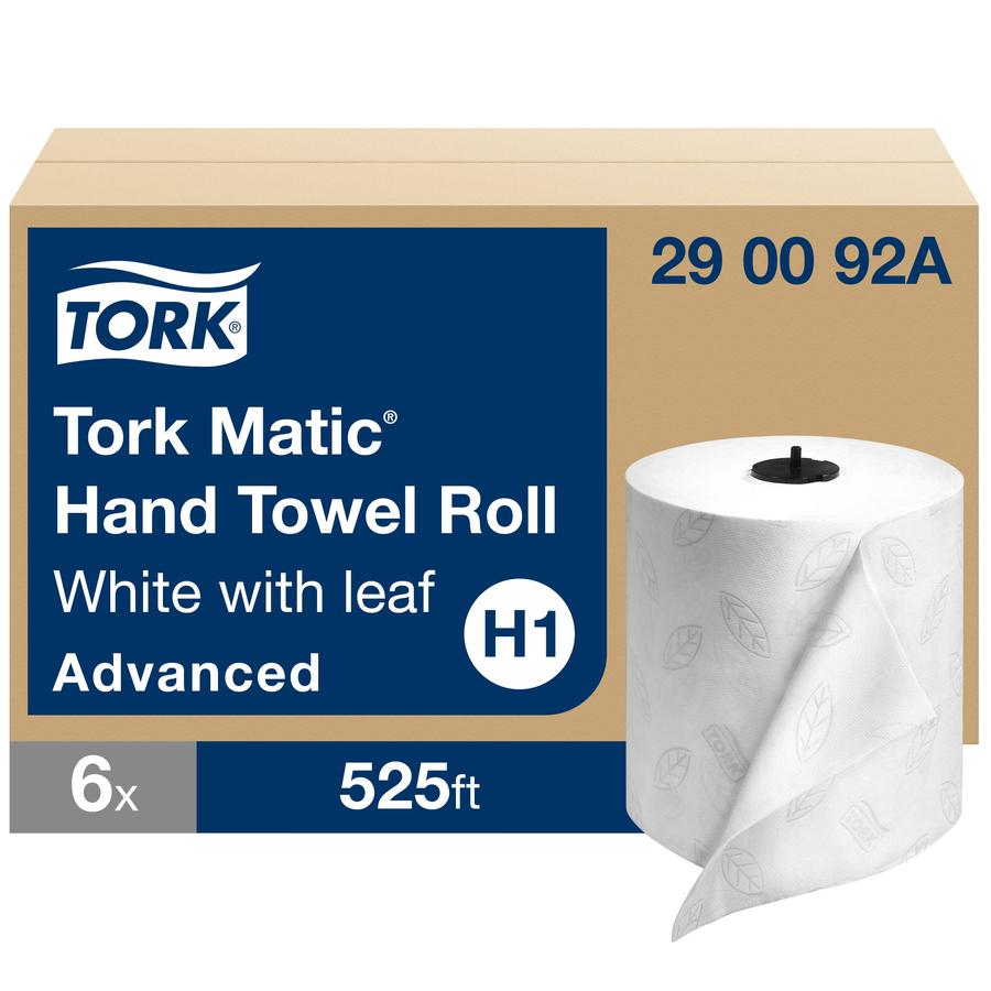 TORK Hand Roll Towel - Tork Matic Hand Towel Roll, White With Gray Leaf, Advanced, H1, 100% Recycled Fiber, High Absorbency, Medium Capacity, 2-Ply, 6 Rolls x 525 ft, 290092A. Picture 2