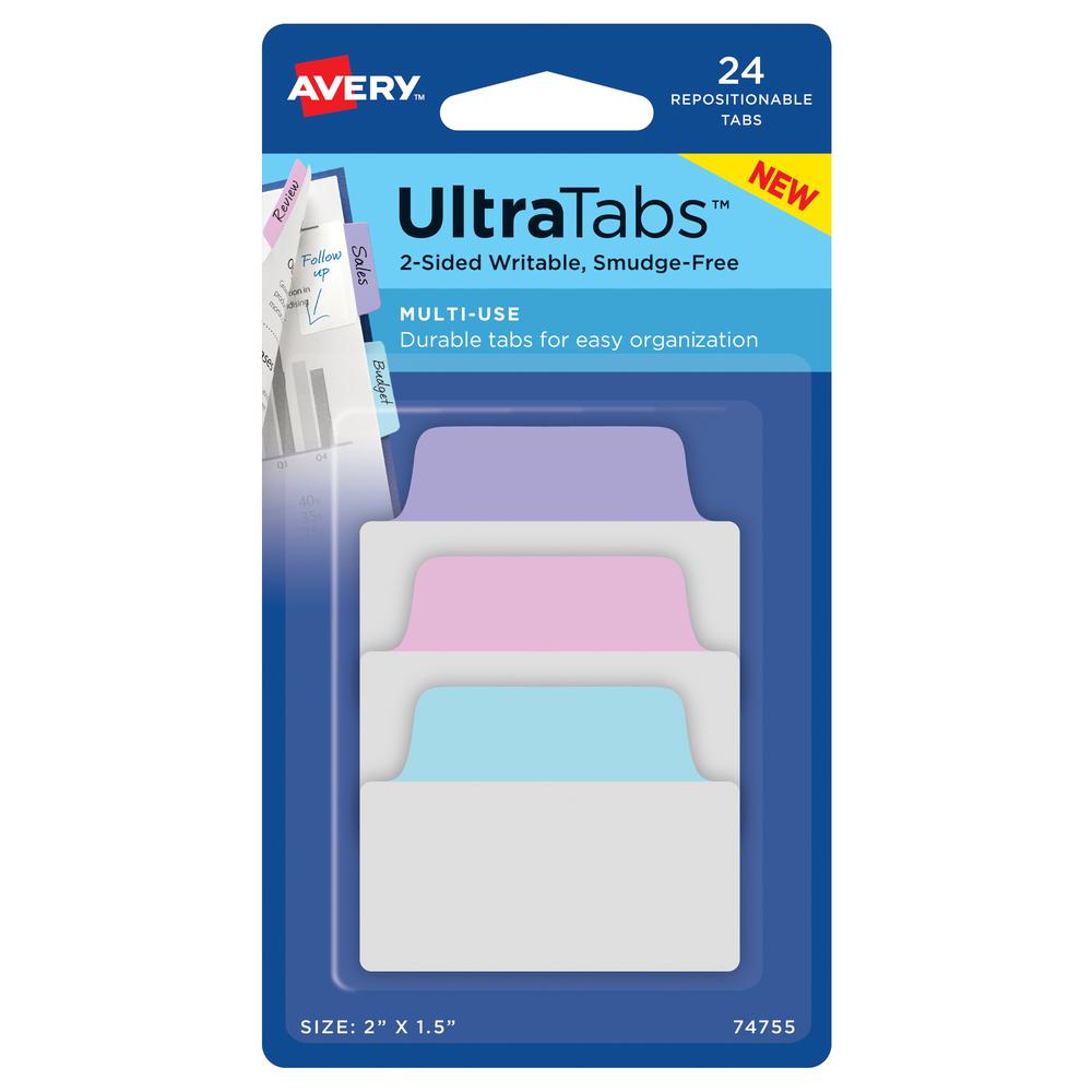 Avery&reg; Ultra Tabs File Tab - 24 Tab(s) - 1.50" Tab Height x 2" Tab Width - Clear Film, Pastel Blue Paper, Pastel Pink, Pastel Purple Tab(s) - 24 / Pack. Picture 2